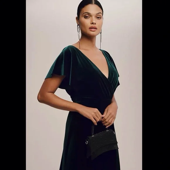 Jenny Yoo Ellis Anthropologie Flutter Sleeve Open-Back Velvet Emerald 12 10 8 - Picture 5 of 11